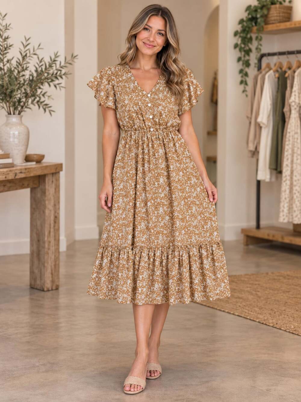 Mikarose Brown Floral Flutter Sleeve Maxi Dress XS
